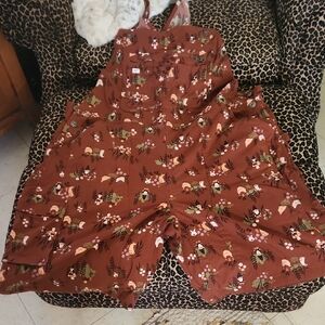 Floral Women's Overalls in Rich Brown Witb Gnomes And Bunnies